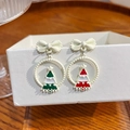 Christmas bow and tree stud earrings with festive red and green drip oil enamel details - E5741-1 Bow Christmas Tree