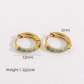 Detailed view of 12mm gold stainless steel hoop earrings with turquoise stones and dimensions - 12mm Blue Zirconia