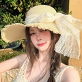 Detail of light beige straw sun hat with white lace bow and elegant pearl embellishments - Beige Lace Artificial Pearl Raw Edge Straw Hat (D-425)