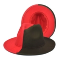 Detailed view of the red and black two-tone fedora hat with wide brim and smooth wool texture - M (56-58cm) / Red + Army Green