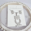 Silver stainless steel owl jewelry set with necklace and earrings featuring rhinestones - Set 2719 Steel Owl