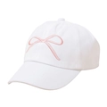 Detailed view of the delicate pink bow embroidery on a white children's cotton baseball sun hat - One Size / White