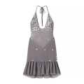 Sexyes graues Halterneck-Minikleid mit Pailletten und Rüschensaum auf weißem Grund - S / Grau