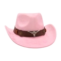 Pink faux suede western cowboy hat featuring a brown leather band and silver bull head emblem - One Size / Pink