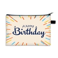 Minimalist beige canvas makeup pouch featuring Happy Birthday print and black zipper - Dark Blue Radial Lines Style (07)