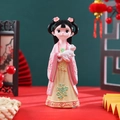 Ancient style doll in pink and yellow Hanfu holding a cat, resin desktop decoration - 1003-24 Large Holding Cat
