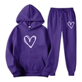 Two-piece purple sweatsuit set with white hand-drawn heart patterns and drawstring hood - S / Purple