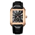 Men's square rose gold quartz watch with black leather strap and Roman numerals - Rose Gold Case Black Dial Black Strap