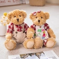 Cute teddy bear plush dolls in matching red plaid outfits and beige overalls for couples - 30cm Pair / Big Red Plaid Apron