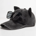 Vintage gewaschene Baseballkappe mit Katzenohren und dekorativer Sonnenbrille - Verstellbar / Schwarz
