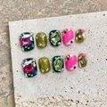 Handmade short press-on nails set with green and pink 3D rhinestones and floral relief - Large (L) / 1768 Short Square Round