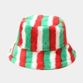 Rainbow striped plush bucket hat in red, green, and white faux fur for winter warmth - 8# Red Green White