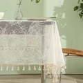 Elegant white lace tablecloth with botanical branch patterns and wheat tassel fringe edges - Tree Pattern With Tassels