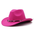 Detail of rose red felt cowboy hat with crystal-beaded black woven band and wide brim - Rose Red
