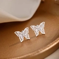 Silver plated butterfly stud earrings with sparkling cubic zirconia on gold tray - Hollow Butterfly Style (A118)