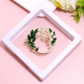 Elegant gold wreath brooch with green enamel leaves and white pearls in a display box - XZ078-Pearl Garland-Boxed
