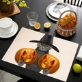 Linen Halloween placemat with gray cat in witch hat and jack-o-lanterns pattern - Style 7