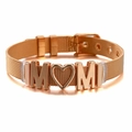 Rose gold mesh band bracelet with MOM heart design and adjustable watch style buckle - Rose Gold-MOM Heart