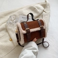 Brown suede cylinder handbag with beige plush trim and dark brown leather straps - Brown