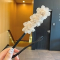 Elegant Korean style bun maker hair tool with three beige organza flowers and beads - Elegant Cream Mesh Flower Bun Maker