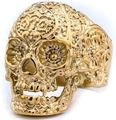 Golden stainless steel skull ring with intricate floral carvings and punk style finish - US Size 7 / Gold (06401)
