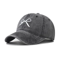 Washed dark gray cotton baseball cap featuring delicate white bow embroidery - Black Bow