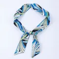 Narrow silk scarf with geometric blue and green waves for hair or bag handle use - X29-Multi