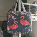 Ethnic style large canvas tote bag with pink flamingo jacquard pattern and striped handles - Flamingo