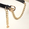 Black leather layered waist belt featuring a gold horseshoe buckle and coin charm chain - 120cm / 19205 Pin Buckle Black Gold