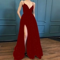 Sultry dark red sequin evening gown featuring spaghetti straps and a high side slit - L / Burgundy