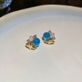 Vintage gold starfish stud earring with deep blue cat eye bead and white pearl accents - Silver Needle Star Pearl Stud Earrings - Gold Blue (31#)