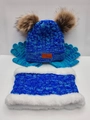 Three-piece winter knit set with blue pom-pom hat, fleece-lined scarf, and gloves - 3-Piece Set (Hat/Scarf/Gloves) / Royal Blue & Blue Mixed