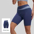 Hoge taille yoga shorts in walvisblauw met V-kruis tailleband en lichtblauwe bies - S / Bottoms / Walvis Blauw