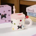 Cute ceramic black cat mug set with pink lid and matching straw in a purple gift box - Color Polka Dots - Color Box