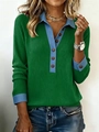Jersey de punto acanalado verde para mujer con cuello denim azul y botones de madera - S / Verde