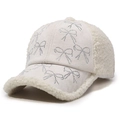 Off-white lamb wool baseball cap with sparkling rhinestone bow designs for women - Adjustable / White