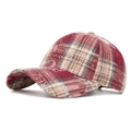 Red plaid baseball cap with vintage distressed letters and structured curved brim - Adjustable / Red Plaid