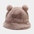Close-up of soft taupe faux rabbit fur texture on a warm winter bucket hat with ears - M (56-58cm) / Khaki