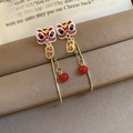 Traditional red enamel lion dance earrings with tassel and lucky charms detail - 56# Silver Earring Post Gold Red Lucky Lion Dance Tassel