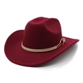 Detail of wine red felt western hat featuring light brown leather band and gold heart buckle - M (56-58cm) / Burgundy