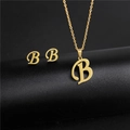Golden stainless steel jewelry set featuring letter B pendant necklace and stud earrings - Letter B / Gold