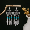 Bohemian dreamcatcher drop earrings in vintage silver with turquoise beads and feathers - E4677-5 Blue Dreamcatcher Feather