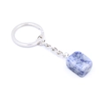 Keychain with blue and white square natural crystal stone and silver metal ring - Blue Spot Stone