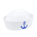Classic white sailor hat with blue anchor embroidery and rolled brim for costume events - Blue Round Anchor Embroidery