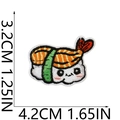 Close-up of shrimp sushi embroidered patch with cute face and size measurements - Style 12 (Anthropomorphic Shrimp)