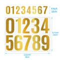 Detail von 4-Zoll-Goldvinyl-Zahlen mit gebürsteter Metalltextur und Abmessungen - Bronzierte Goldene Zahlen
