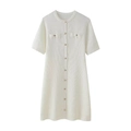 Close-up of white knit dress featuring short sleeves and detailed buttoned front pockets - S / White