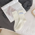 Creamy white cotton crew socks with light blue polka dots and a satin bow detail - One Size / Polka Dot Bow