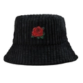 Sombrero de pescador en pana negra con bordado de rosa roja para otoño e invierno - Negro