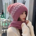 Pink chunky knit hooded scarf with faux fur pompom and integrated warm neck gaiter - New Skin Pink